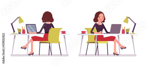 Set of young secretary in sitting pose, rear, front view