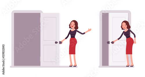 Set of young secretary opening and closing the door