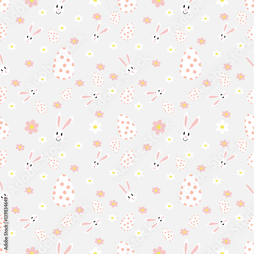 Easter seamless pattern with flowers,rabbit and holiday eggs.Perfect for wallpaper, gift paper, pattern fills, web page background, spring and Easter greeting cards.