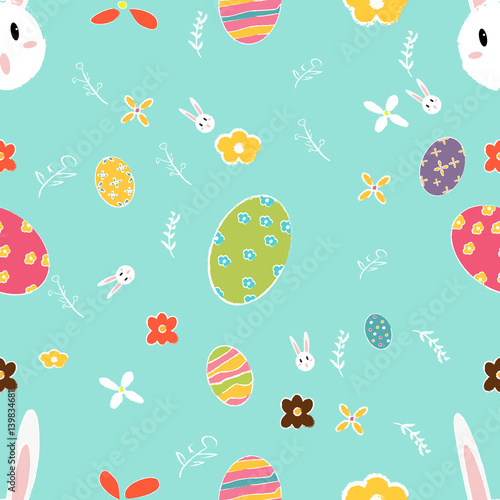 Easter seamless pattern with flowers,rabbit and holiday eggs.Perfect for wallpaper, gift paper, pattern fills, web page background, spring and Easter greeting cards.