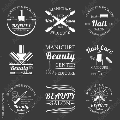 Set of manicure and pedicure, beauty salon, nail care salon monochrome vector labels, emblems and logos isolated on white background