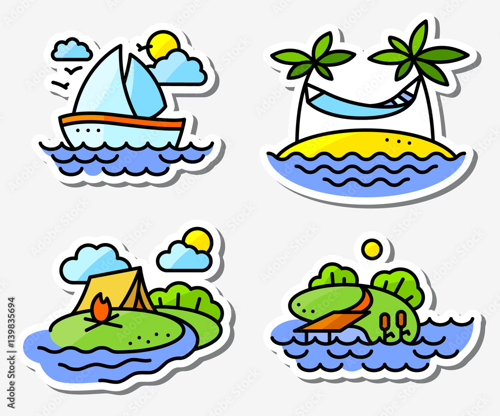 Fototapeta premium Summer activity icons set in simply thin style with fishing, yachting, relaxing and camping people