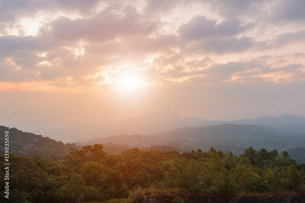 beautiful  landscape sunrise in morning at high mountain Chiang mai Thailand.