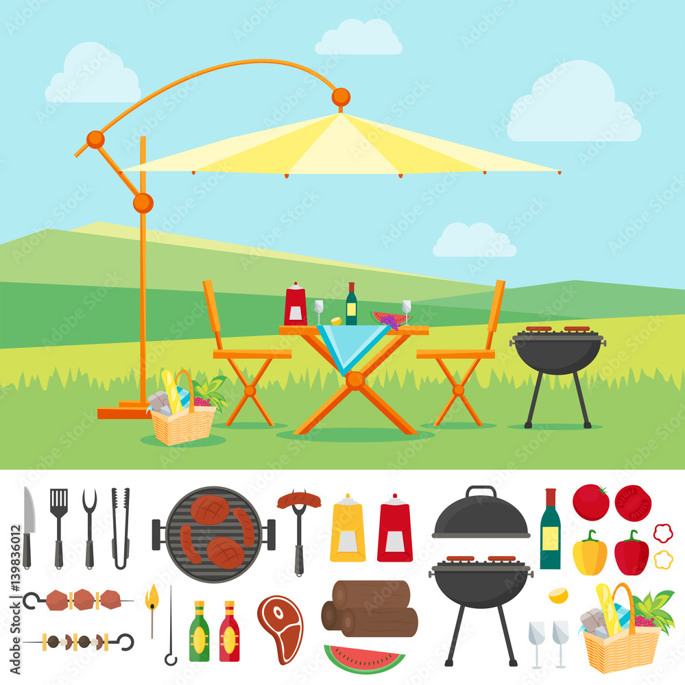 Summer Picnic in Nature Flat. Vector Summer Picnic in Nature Flat. Vector