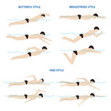 Swimming Breaststroke, Butterfly and Free Style. Vector