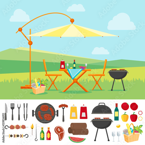 Summer Picnic in Nature Flat. Vector