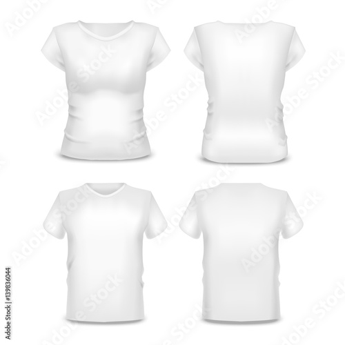 Realistic Template Blank White Woman and Man T-shirt. Vector