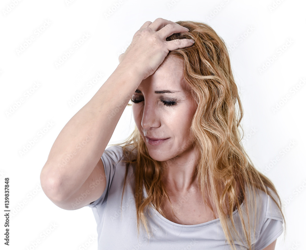 depressed woman looking desperate in pain face expression suffering migraine and headache depressed woman looking desperate in pain face expression suffering migraine and headache