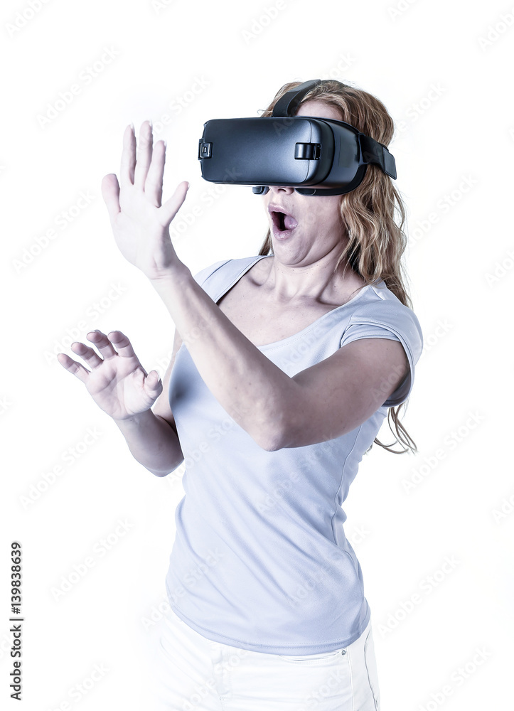 attractive happy and excited woman using 3d goggles watching 360 virtual reality vision attractive happy and excited woman using 3d goggles watching 360 virtual reality vision