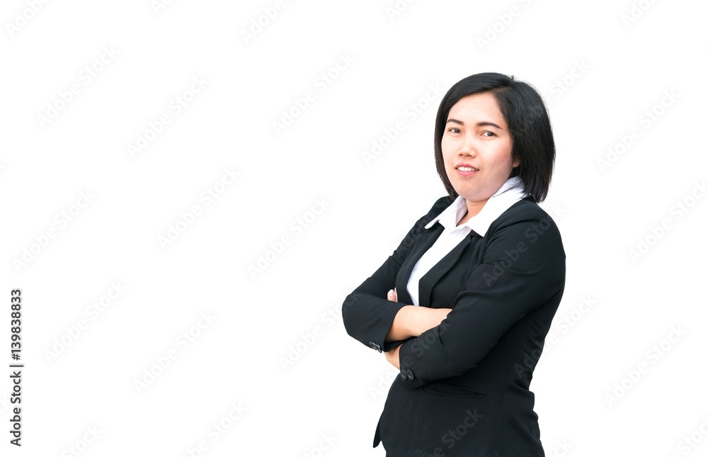Young fat Asian business woman 20 - 30 year-old cross one's arm and her smiling on white background with copy space. Young fat Asian business woman 20 - 30 year-old cross one's arm and her smiling on white background with copy space.