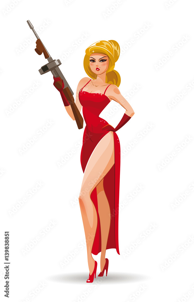 Super agent. Secret agent. Elegant woman spy in the evening red dress with Tommy Gun. Vector illustration Super agent. Secret agent. Elegant woman spy in the evening red dress with Tommy Gun. Vector illustration