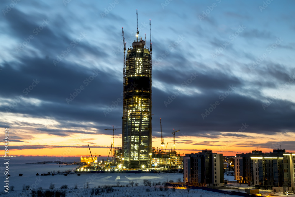 View of the under construction skyscraper Lakhta center in St. Petersburg.
