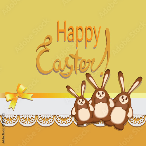 Chocolate rabbits. Happy Easter. Card with yellow background with lace cloth and chocolates. Vector image.