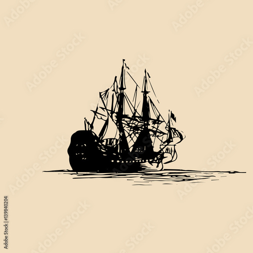 Vector illustration of sailing ship in the sea in ink style. Hand sketched old warship silhouette. Marine theme design.
