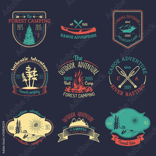 Vector set of vintage camping logos. Retro signs collection of outdoor adventures. Tourist sketches for emblems, badges.