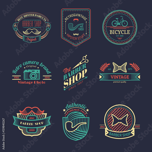 Vector set of vintage hipster logos. Retro icons collection of bicycle, moustache, camera etc.
