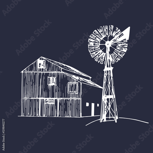 Vector illustration of traditional farm barn with windmill in sketched style. Organic bio products poster. Eco food sign