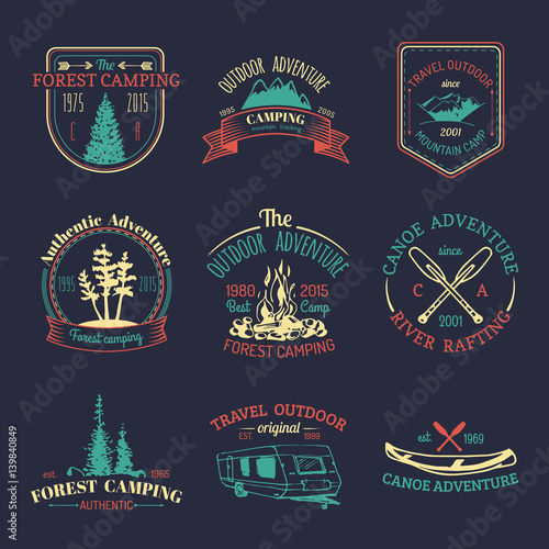 Vector set of vintage camping logos. Retro signs collection of outdoor adventures. Tourist sketches for emblems, badges.