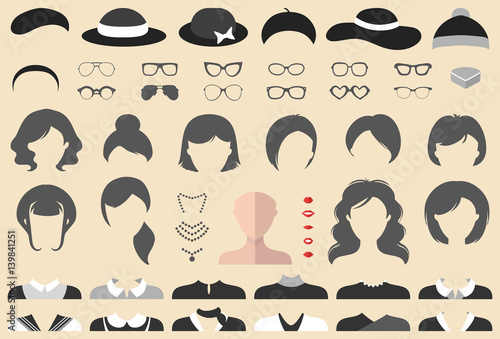 Big vector set of dress up constructor with different woman haircuts, glasses, lips, wear etc. Female faces icon creator