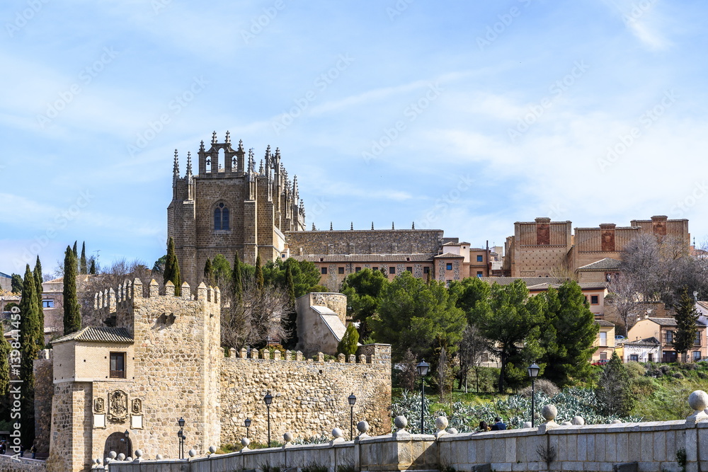 St. Martin medieval bridge and St. Jonh church in Toledo. Spain.