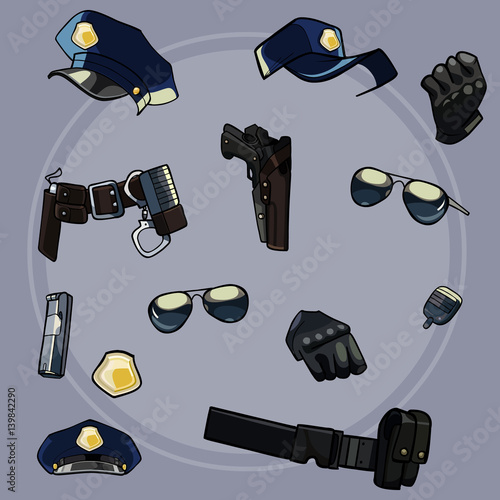 cartoon set items of uniforms and weaponry of the police photo