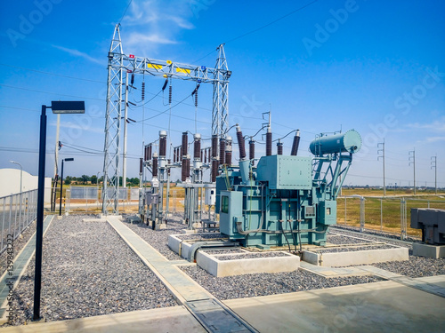 High voltage power transformer substation in Solar power station photo