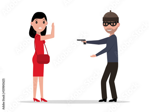 Vector cartoon robber with a gun robbing a woman