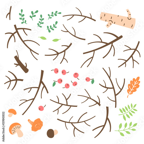 Set of branches, twigs, sticks drawn in a simple cartoon style