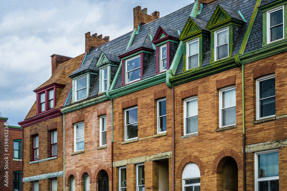 Architectural details of row houses in the Station North Arts and Entertainment District, in Baltimore, Maryland.