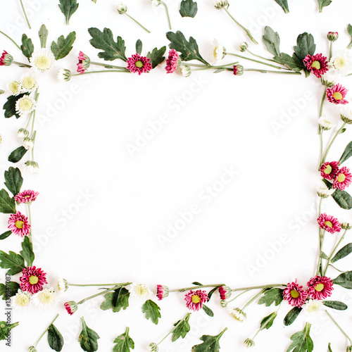 Frame wreath with red and white wildflowers  green leaves  branches on white background. Flat lay  top view. Flower background.