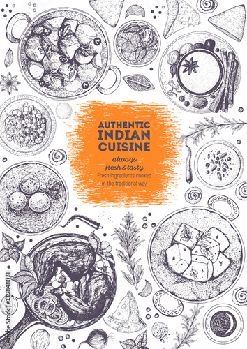 Indian cuisine top view frame. Indian food menu design. Vintage hand drawn sketch vector illustration.