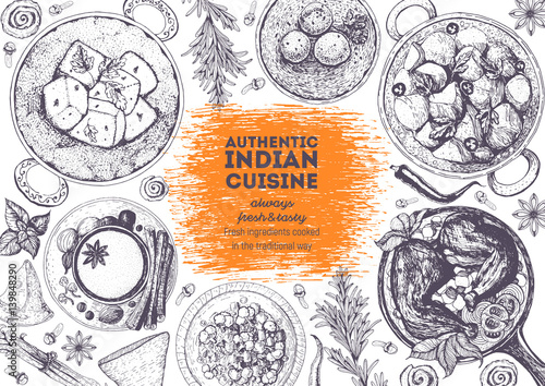 Indian cuisine top view frame. Indian food menu design. Vintage hand drawn sketch vector illustration.