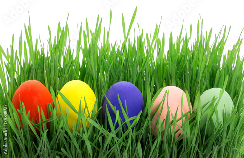Colorful, bright easter eggs on on a fresh green grass isolated on a white background.
