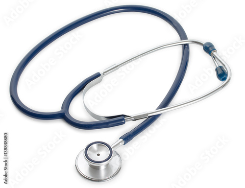 Blue medical stethoscope isolated on white background photo