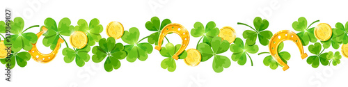 St. Patrick's day vector horizontal seamless background with green shamrock leaves, gold coins and horseshoes. 