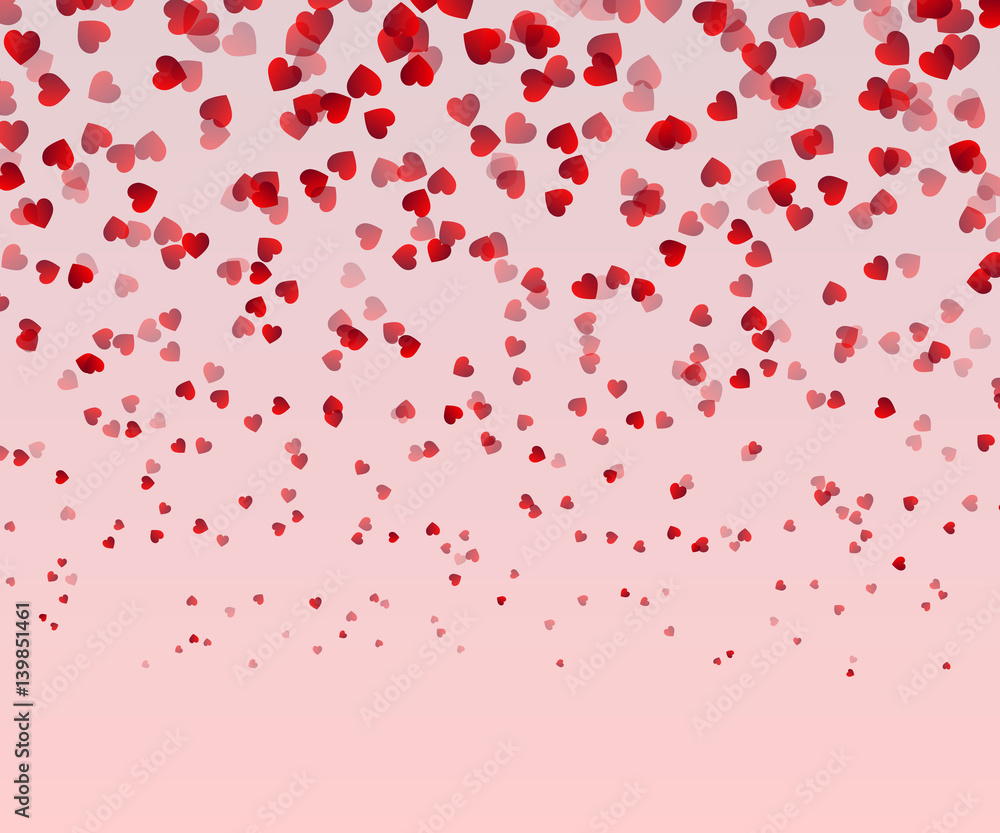 Falling red hearts isolated on pink background. Valentines Day or Women day Card. Love Decorative vector illustration.