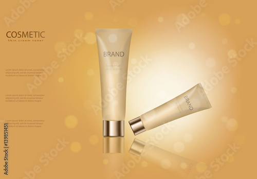 Skin toner ads template, Golden glass bottle mockup for ads or magazine, cosmetic product poster, bottle package design with moisturizer cream or liquid. Transparent 3D vector illustration.