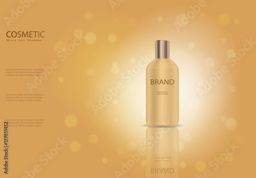 Nature hair shampoo ads template, Golden glass bottle mockup. cosmetic product poster, bottle package design with moisturizer liquid Transparent 3D vector illustration.