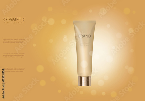 Skin toner ads template, Golden glass bottle mockup for ads or magazine, cosmetic product poster, bottle package design with moisturizer cream or liquid. Transparent 3D vector illustration.