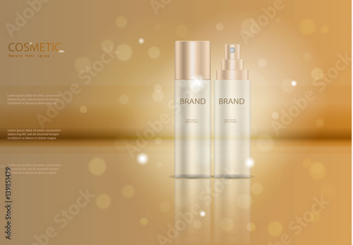 Cosmetic Hair spray ads template, cosmetic product poster, bottle package design with moisturizer cream or liquid. Transparent 3D vector illustration.