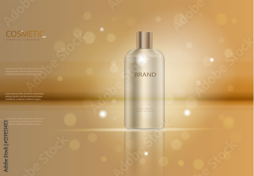 Graceful hair shampoo ads template, Golden glass bottle mockup for ads or magazine, cosmetic product poster, bottle package design with moisturizer cream or liquid. Realistic 3D vector illustration.