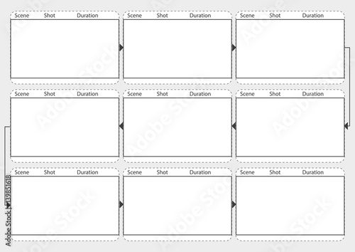 Professional of film storyboard mockup.  Template for easy to present the process of story. A4 design of paper to fit for print out. Vector illustration. photo