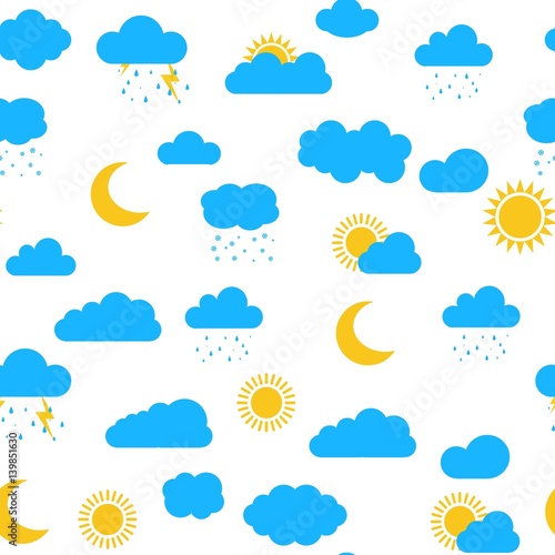 Seamless pattern with clouds, sun, moon, snow, raining and storm isolated on white background. Blue weather Vector illustration, cute clouds.