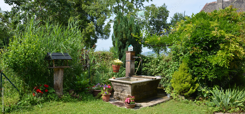 rustic well and colorful flowers in a lush garden rustic well and colorful flowers in a lush garden