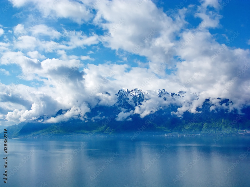 View across Lake Geneva (Lac Leman) into French Alps.