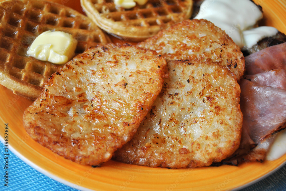 Hash Browns Served with Other Breakfast Foods