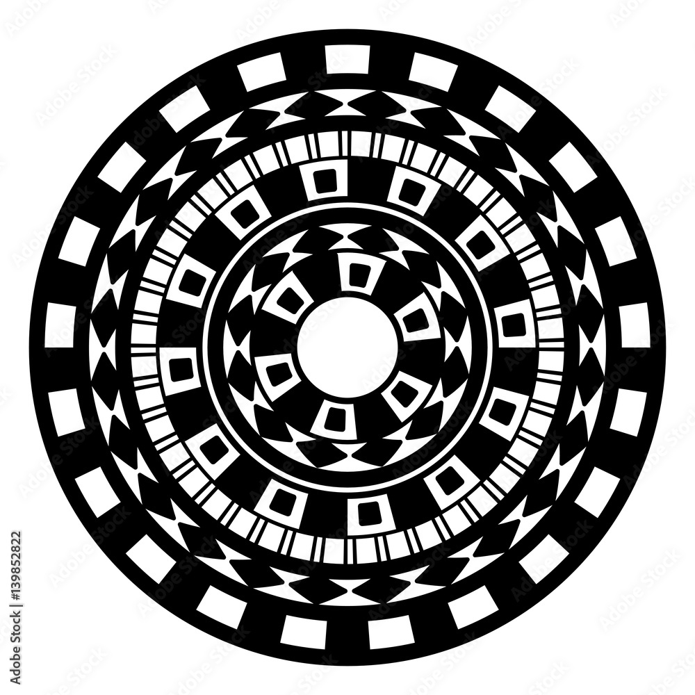 Round geometric pattern of meanders. Composite decorative element of the circles with ornaments. Stencil Tattoo and prints. Round geometric pattern of meanders. Composite decorative element of the circles with ornaments. Stencil Tattoo and prints.