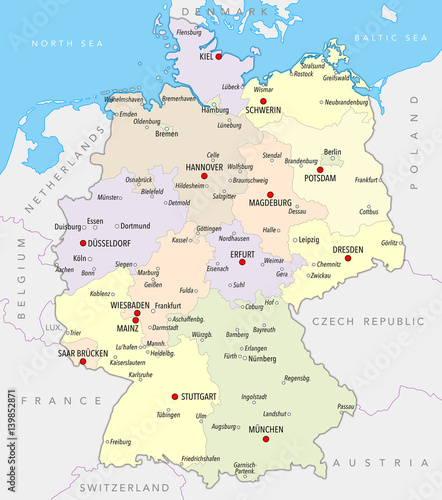 Map of Germany with cities and provinces in pastel  colors