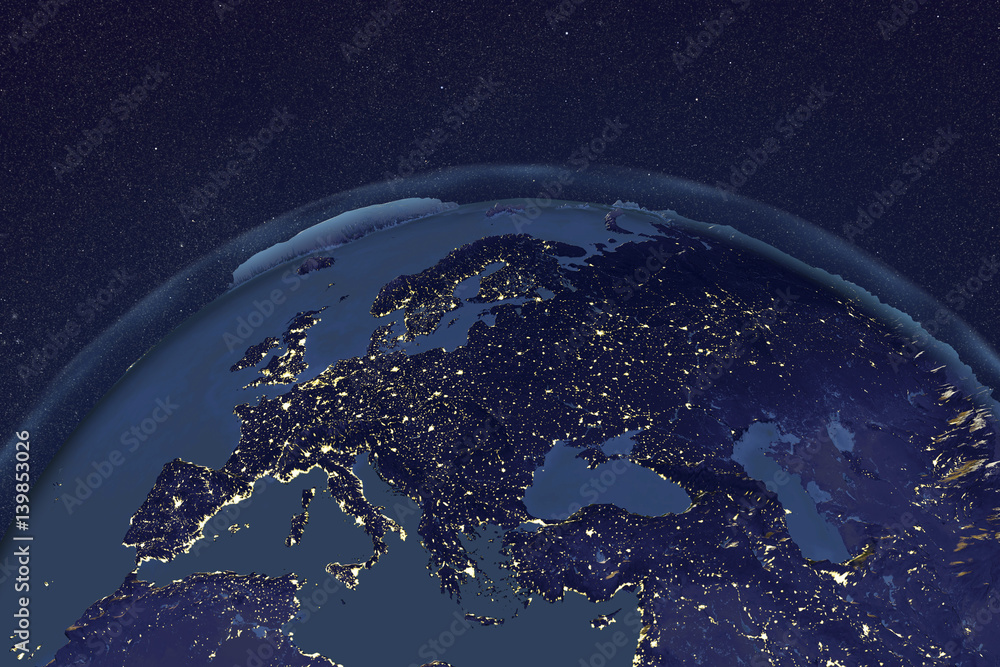 Fototapeta Planet Earth from space showing Europe in night with enhanced bump, 3D illustration, Elements of this image furnished by NASA