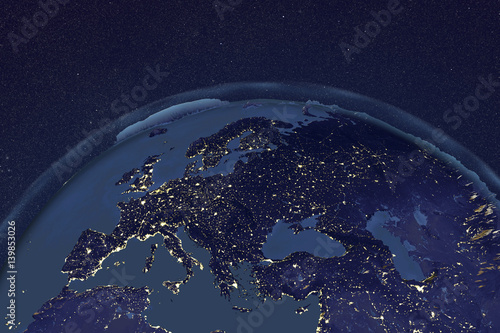 Fototapeta Naklejka Na Ścianę i Meble -  Planet Earth from space showing Europe in night with enhanced bump, 3D illustration, Elements of this image furnished by NASA